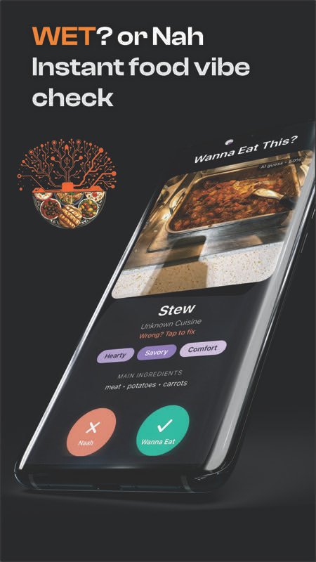 Wanna Eat That? swipe screen showing AI food identification